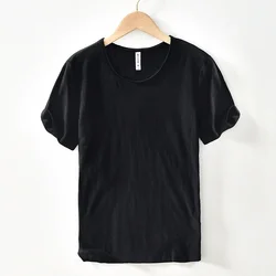 Men's Retro Raw Edge Lightweight Cotton T-Shirt - Slim Fit, Breathable Monochrome O-Neck Casual Top - 3XL -fits 88-95 kg (Black)