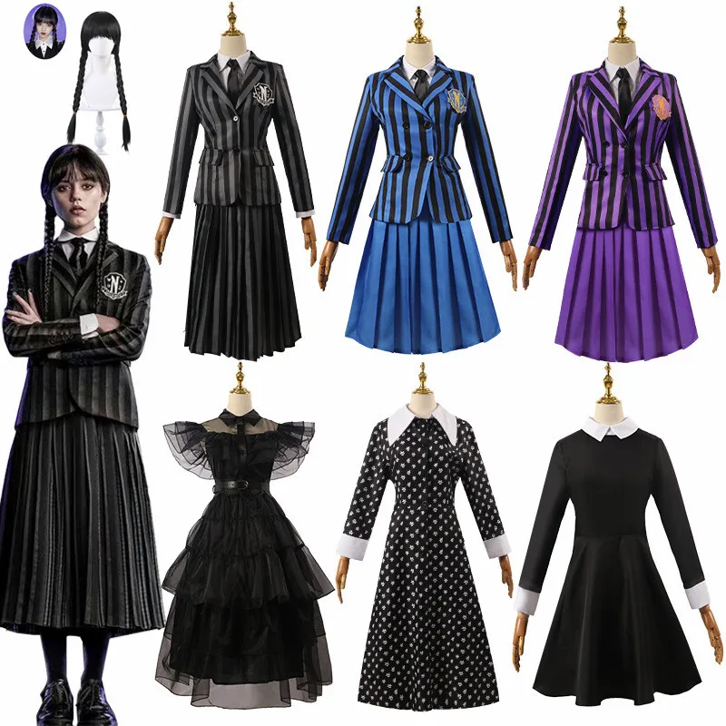 

Wednesday Addams Family Cosplay Costume Dress Girl Kid Adult Movie Wednesday Cosplay Costumes Black Gothic Family Party Costume
