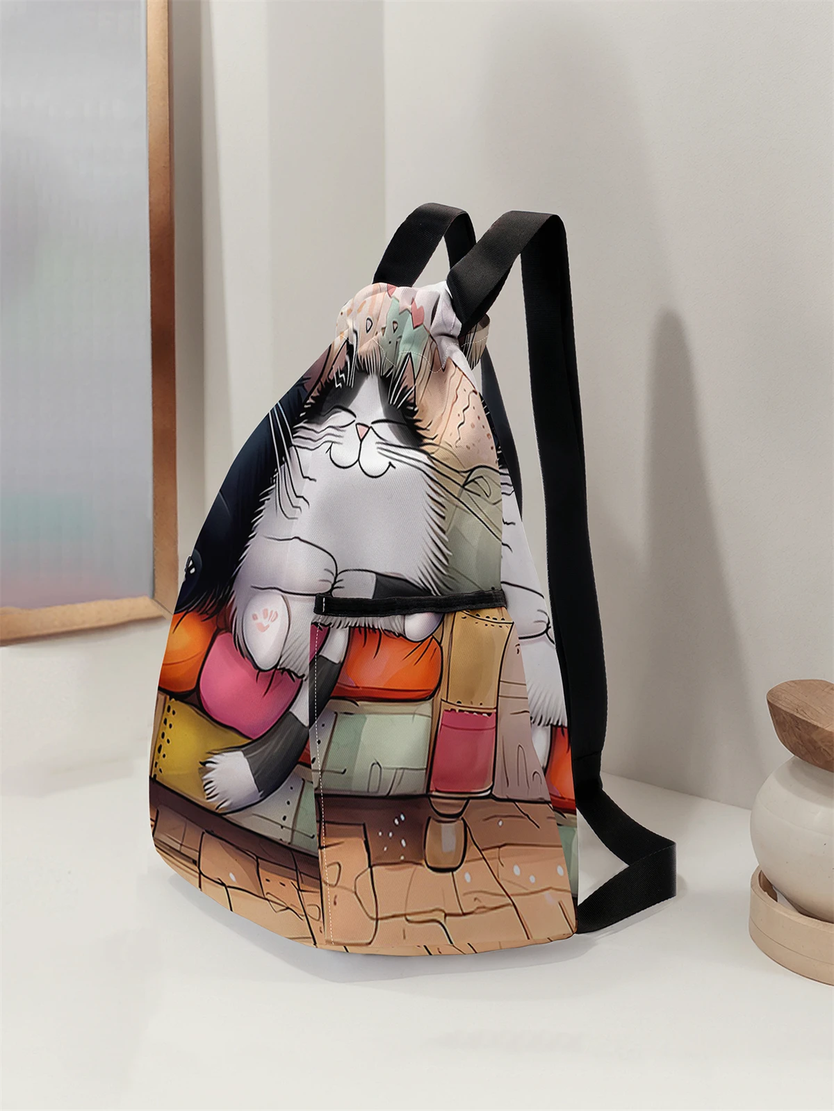 Cute Cat Printed Drawstring Backpack - Large Capacity Durable Fitness Bag, Adjustable Shoulder Straps, Sports Beach Backpack