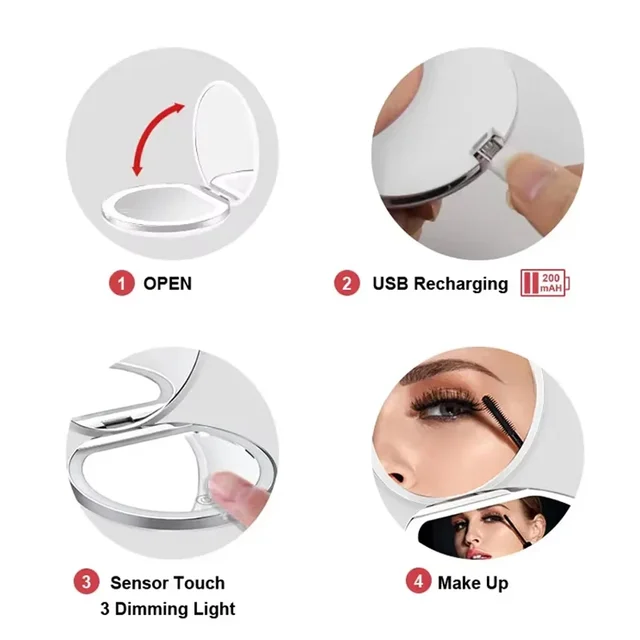 Miroir de maquillage de poche Compact et pliable, grossissant 1X/5X, avec lumière, 3 couleurs, miroir cosmétique, Portable, Rechargeable, tactile 5