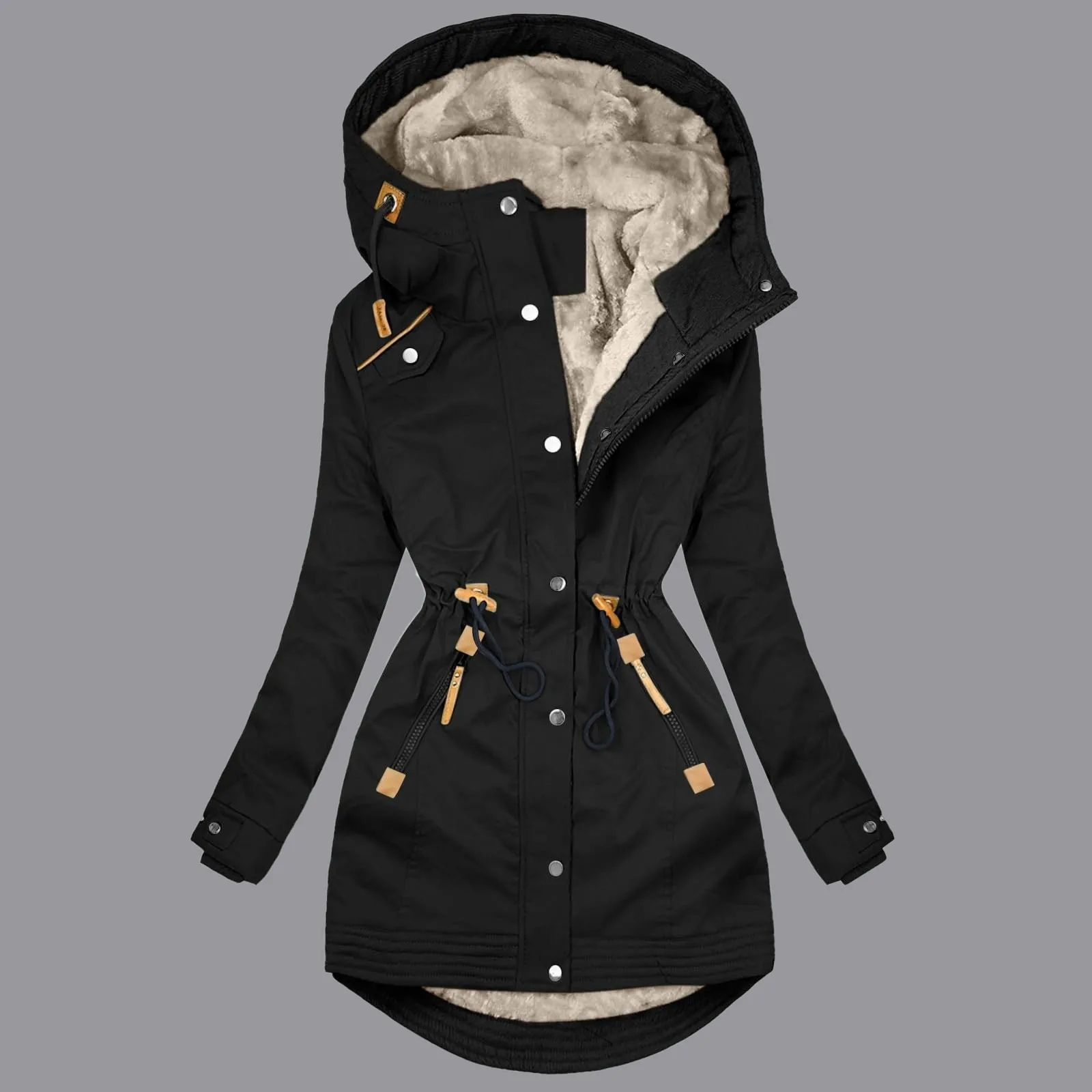 ז 'קט גשם נשים עם ברדס סיבתי בד מרופד מעיל גשם אופנתי טרנדי שרוול ארוך טרנדי שרוולים