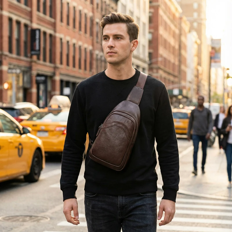 Luxury Designer Mens Genuine Top Grain Leather Chest Bag image 12