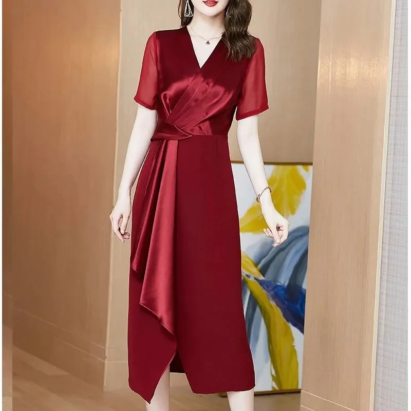 

Acetic Satin Dress Women 2023 Summer New Noble Temperament Mid Length Skirt Female With Slim Waist Covered Belly Splicing Dress