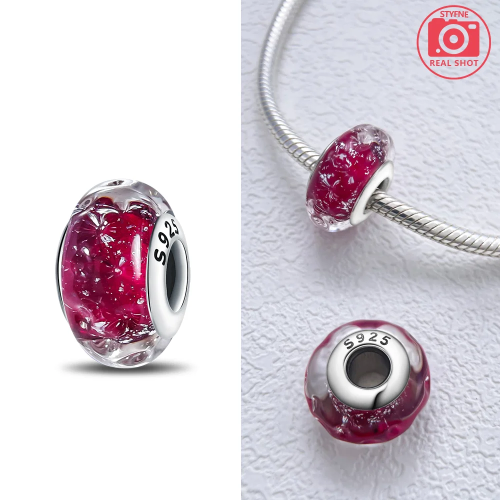 925 Sterling Silver Bracelet Charms Pink Blue Glass Beads