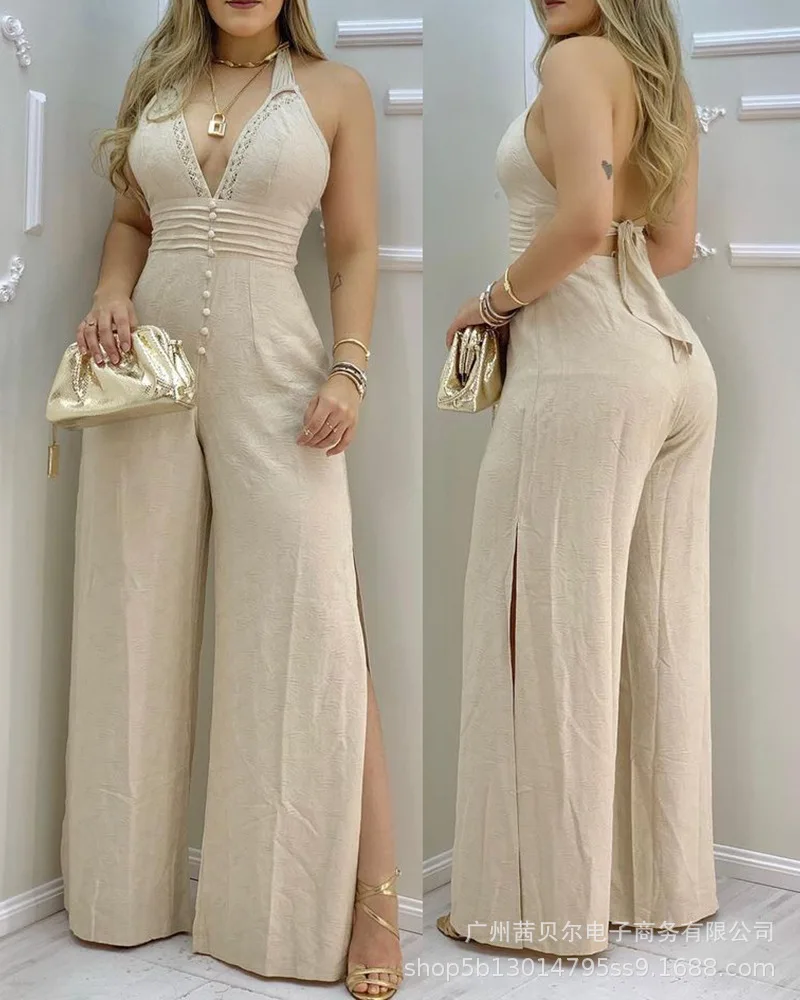 Elegant Women Beige Lace Stitched Halter Jumpsuit 2022 Summer Fashion New Sexy Deep V Neck High Waist Split Jumpsuits