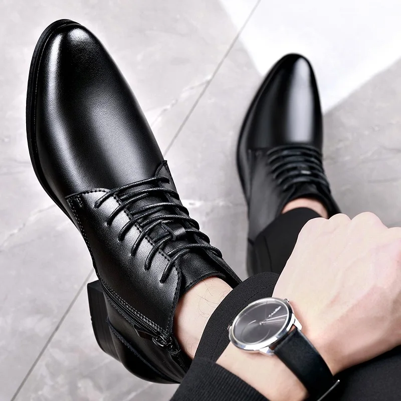 Men's High-top Casual Boot Pointed Tip Business Leather Boots for Men Plush Warm Winter Lace Up Ankle Botas men leather boots business mens boots