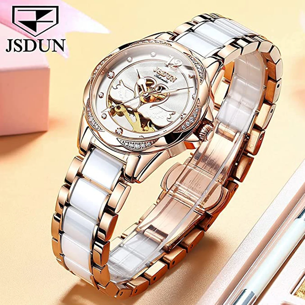 Luxury Mechanical Women Watch Love Swan Design Skeleton Elegant Ceramics Strap Waterproof  Ladies Wristwatch Girls Dress Watch