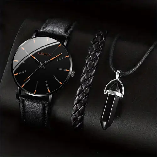 3PCS/Set Men Business Watches Casual Leather Band Analog Male's Quartz Watch Necklace Bracelet Set - Image 8