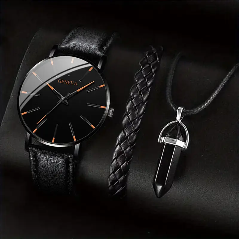 3PCS/Set Men Business Watches Casual Leather Band Analog Male's Quartz Watch Necklace Bracelet Set - Image 8