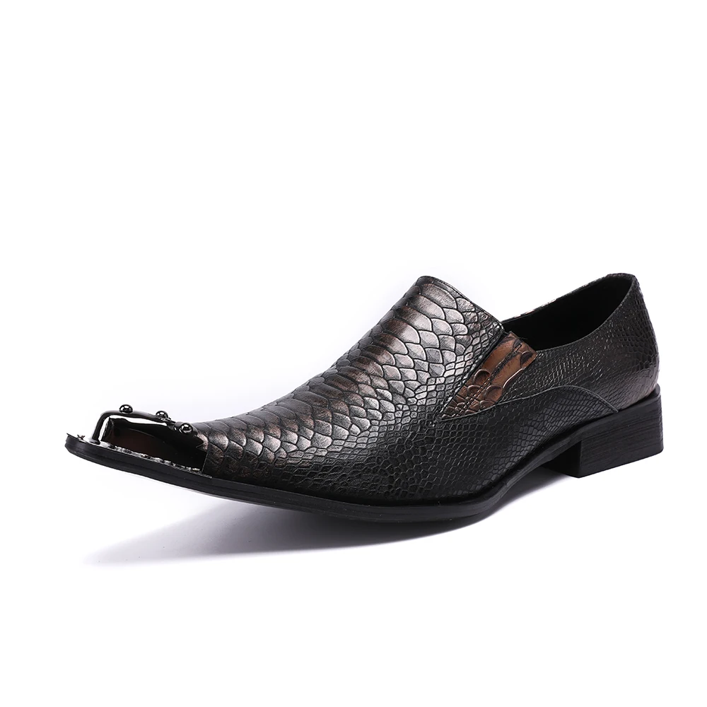 Christia Bella Italian Style Gentleman Dress Shoes Metal Pointed Toe Men Snake Grain Genuine Leather Shoes Business Men