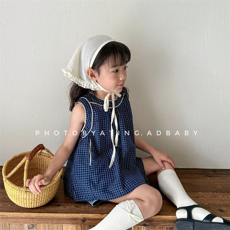 Summer Children's Sleeveless Blouse Fashion Plaid Print Tee for Little Girls Cotton Linen Vest Kids Casual Shirts Baby Clothes