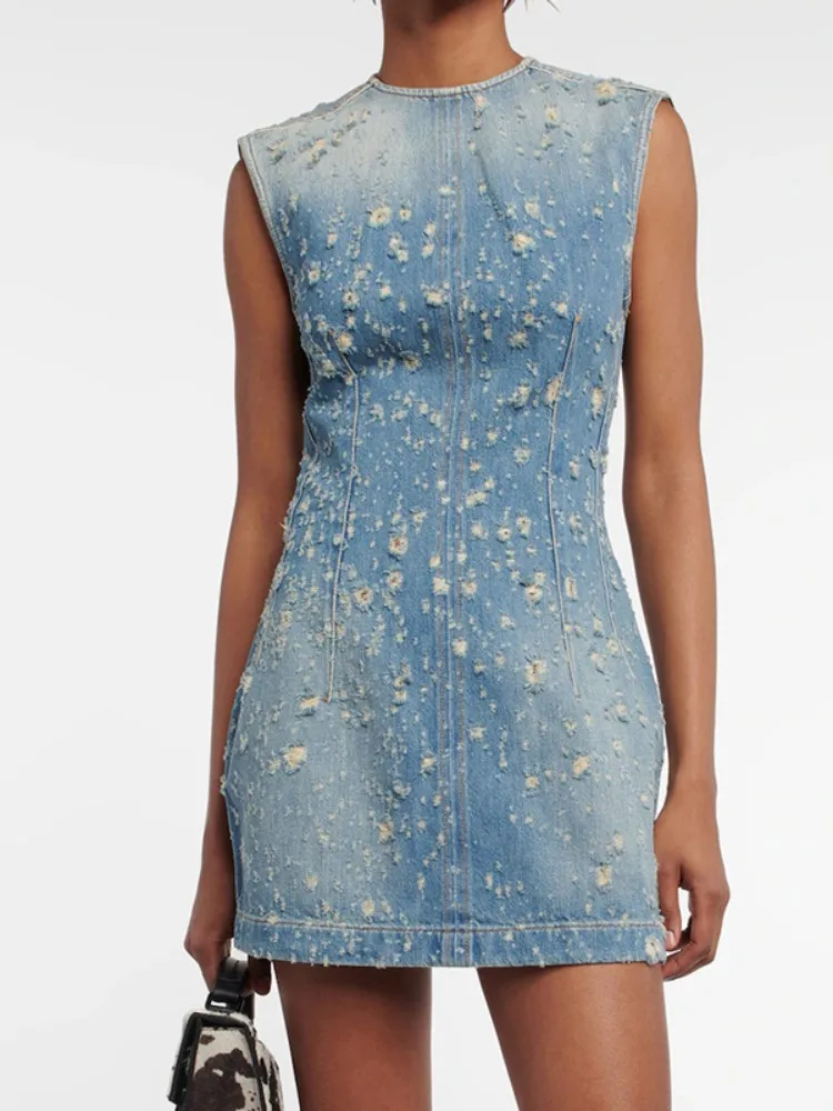 

Retro Y2K One-piece Waist Women's Denim Dresses 100% Cotton Do Old Hole Slim A-line Mini Robe 2023 Hot Summer Lady Dresses