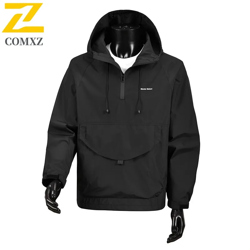 Men's Windproof Rain Jacket Autumn Waterproof Pullover Hiking Fishing Coat Lightweight Solid Color Outdoor Sports Windbreaker