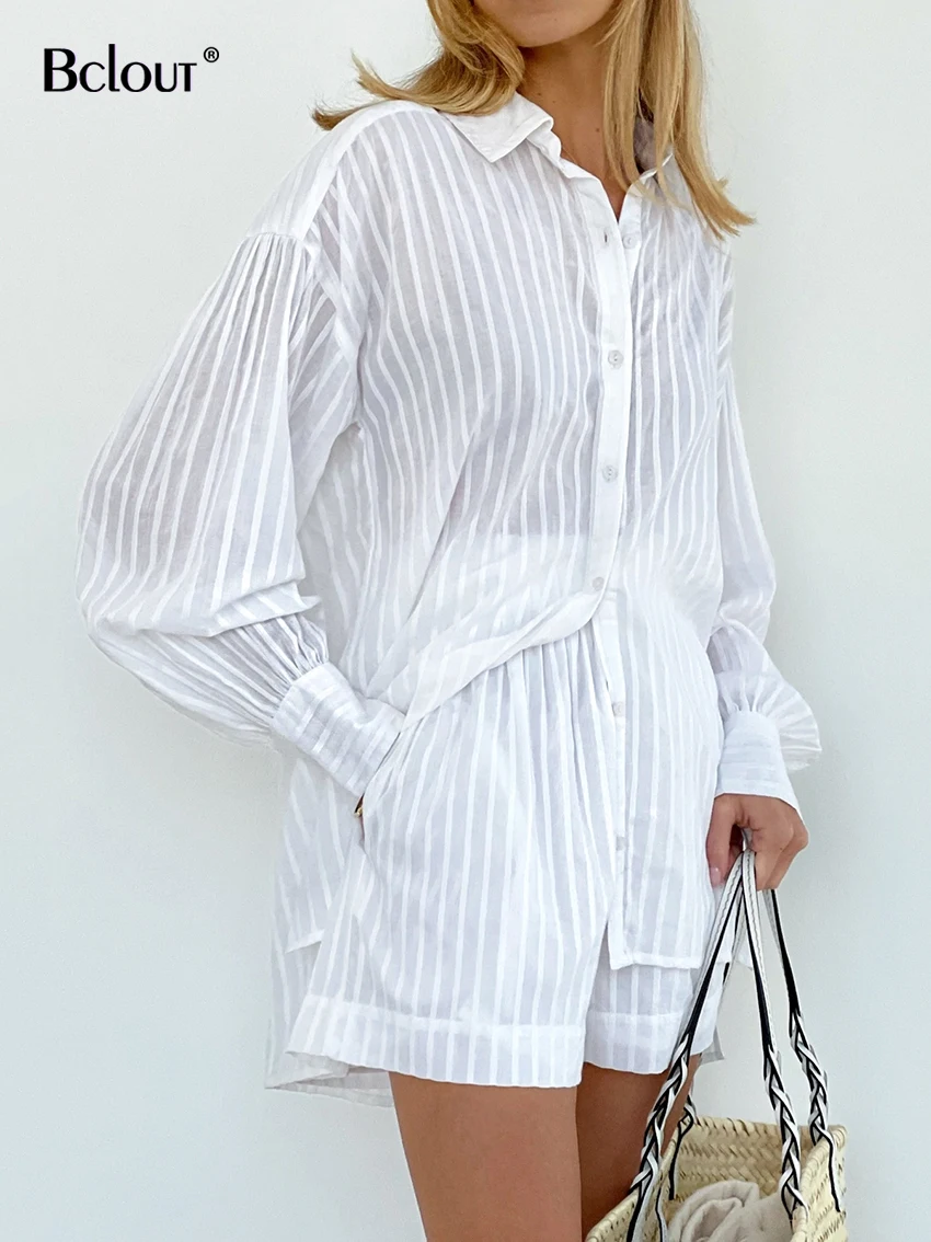 Bclout Summer White Stripe Shorts Sets Women 2 Pieces Outfits Fashion Lantern Sleeve Shirts Elegant Cotton Wide Leg Shorts Suits [fila]lifeware stripe men s t shirts