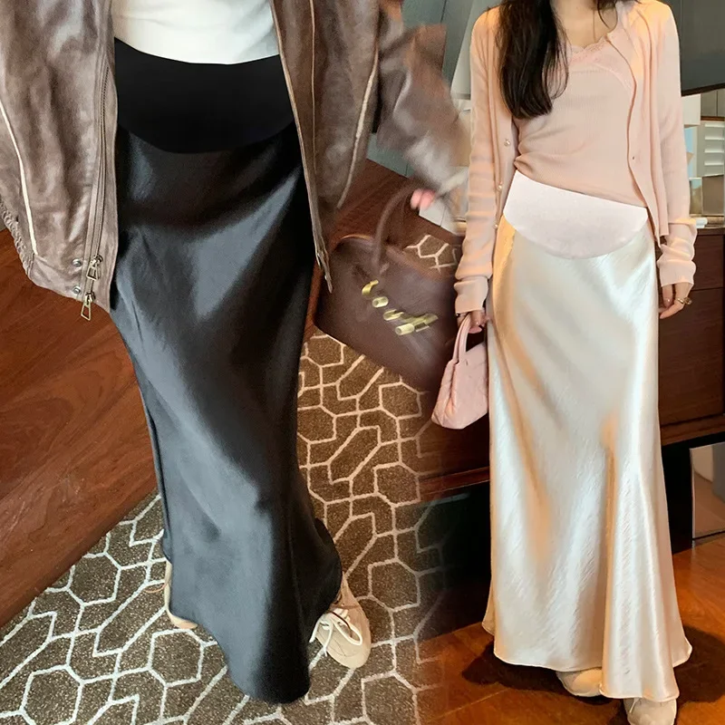 Maternity Half Skirt Satin Fish Tail Belly Support Adjustable Elegant Slimming Fashion Spring Summer