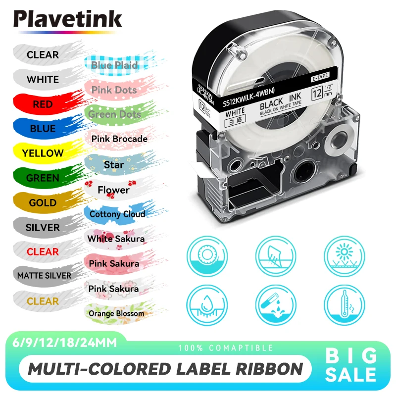 

1 PCS Label Tapes SS12KW Compatible for EPSON LW-300 LW-400 LW-600P LW-700 LK-4WBN Printer (12mm*8m Black on White) Label Maker