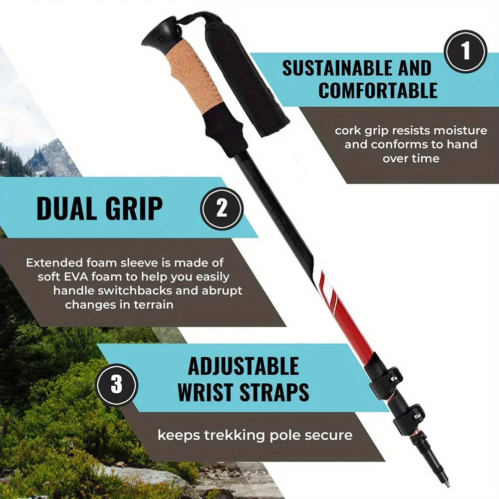 2PCS Portable Lightweight Trekking Poles Collapsible Hiking Poles Climbing Cane Aluminum Walking Sticks with Cork Grip Rubber