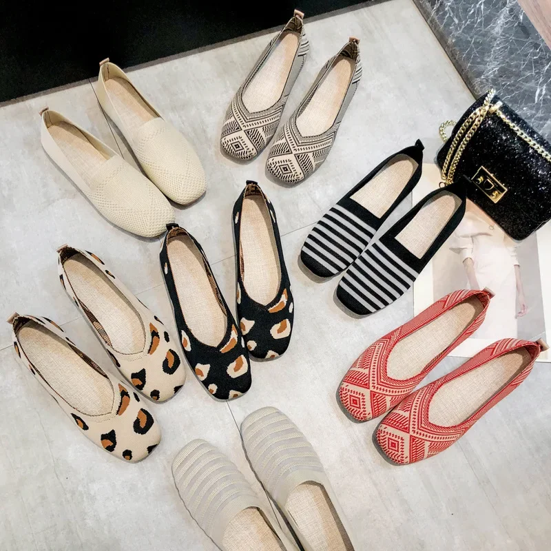 Spring and Autumn Flat Shoes Fashion Leisure Women's Flat Shoes Square Toe Knitting Elastic Comfortable Slip-on Boutique Shoes 6