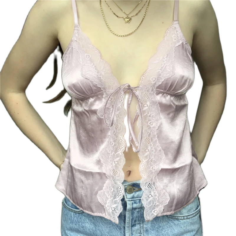 Camisola de encaje de verano para mujer, top beige rosa sin mangas con cuello en V, top ajustado, top corto dulce y sexy a la moda