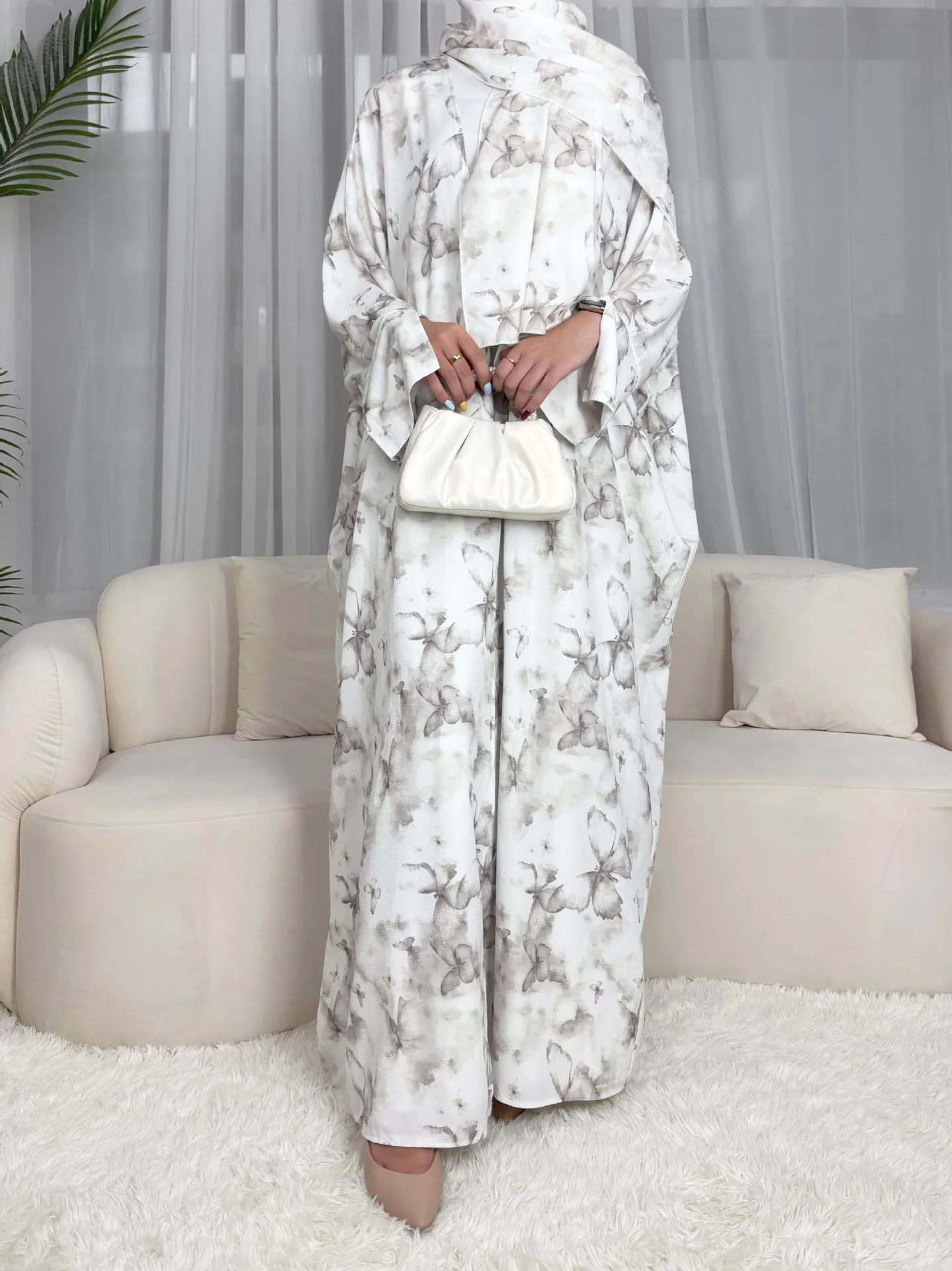 Muslim Women's Clothing Art Print Batwing Sleeve Robe Cardigan Set Vacation Style Loose Outerwear Middle East Turkey Dubai