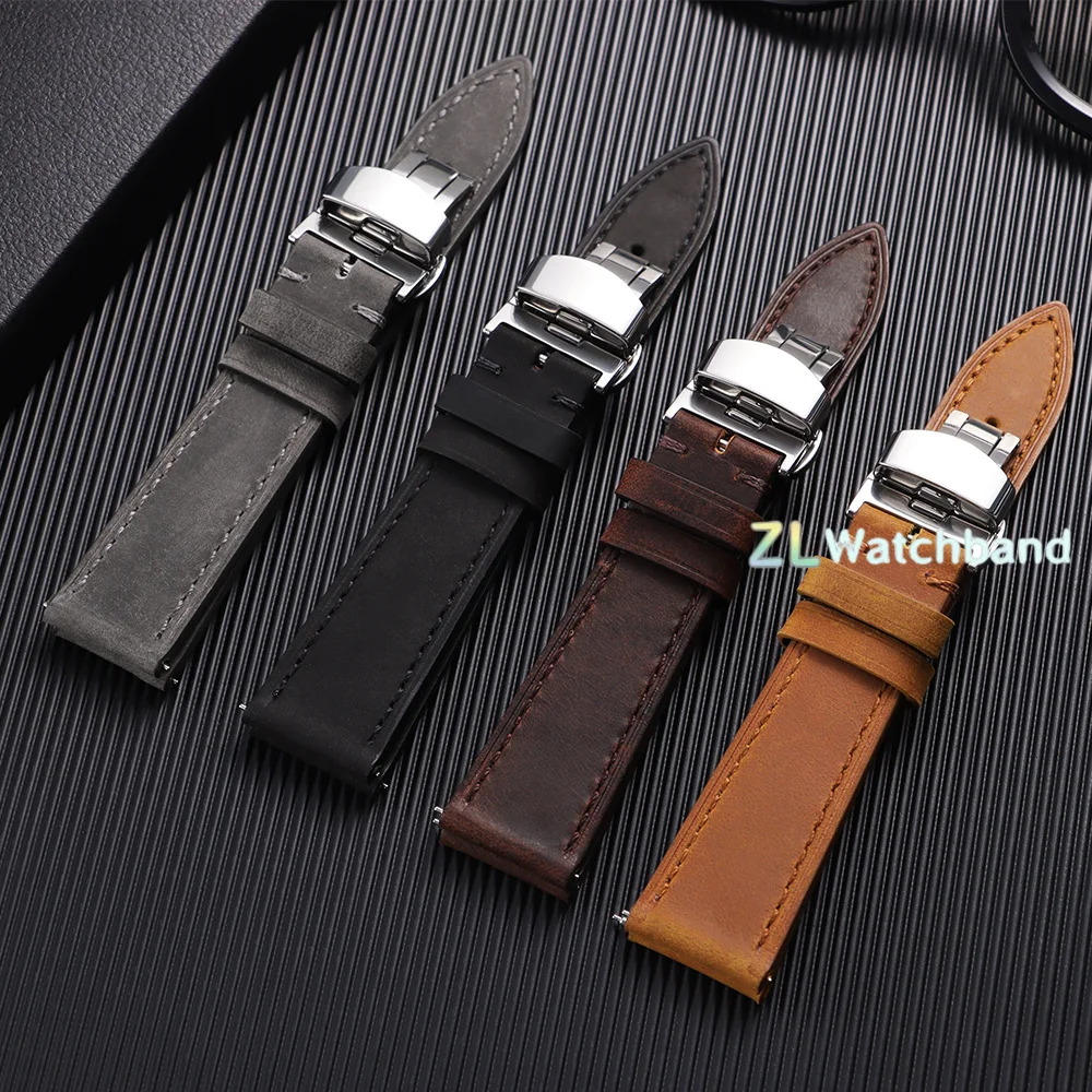 Premium Leather Watch Band with Butterfly Clasp - Quick Release Wristband in Black or Brown