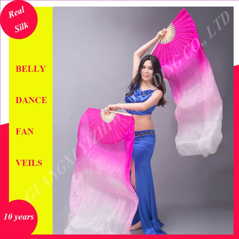 High Quality 1 Pair Real Silk Belly Dance Fan Veils Gradient Colors Chinese Belly Dancing Long Fans
