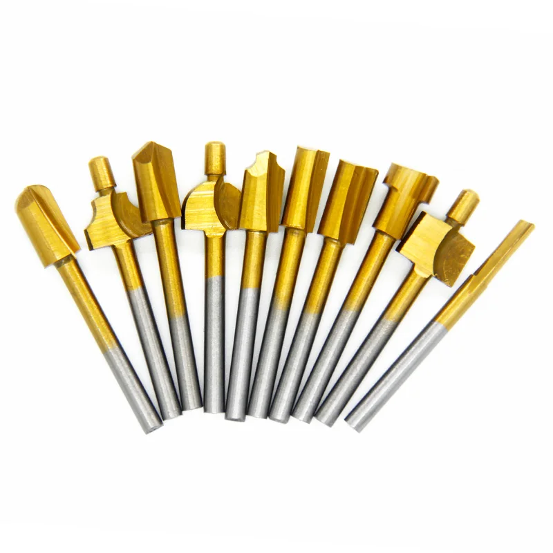 10pcs 1/8 HSS 우드 라우터 비트 파일 티타늄 코팅 미니 3mm 우드 커터 밀링 Dremel 로터리 세트에 적합 목수 도구 케이스 포함