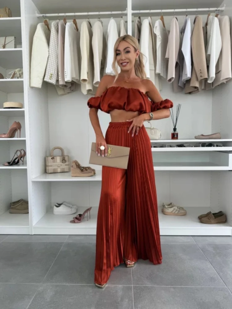 2025 summer fashion new women's elegant strapless suit casual solid color temperament foldable elastic pants 4