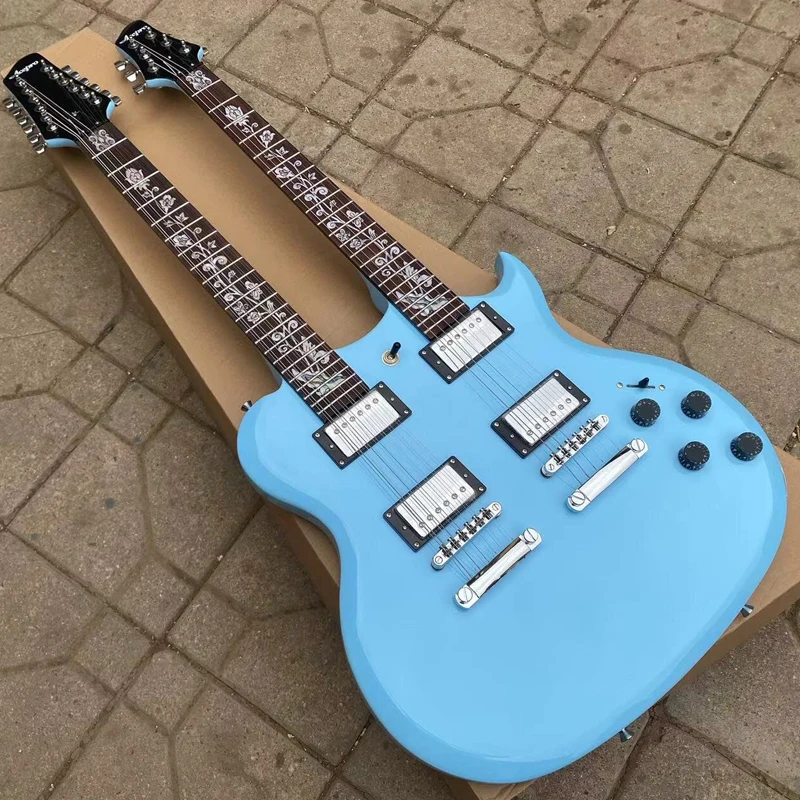 

In Stock Acepro Blue Double Neck Electric Guitar, Basswood Body, Carved Top, Abalone Custom Stem Inlay, Chrome Hardware Guitarra