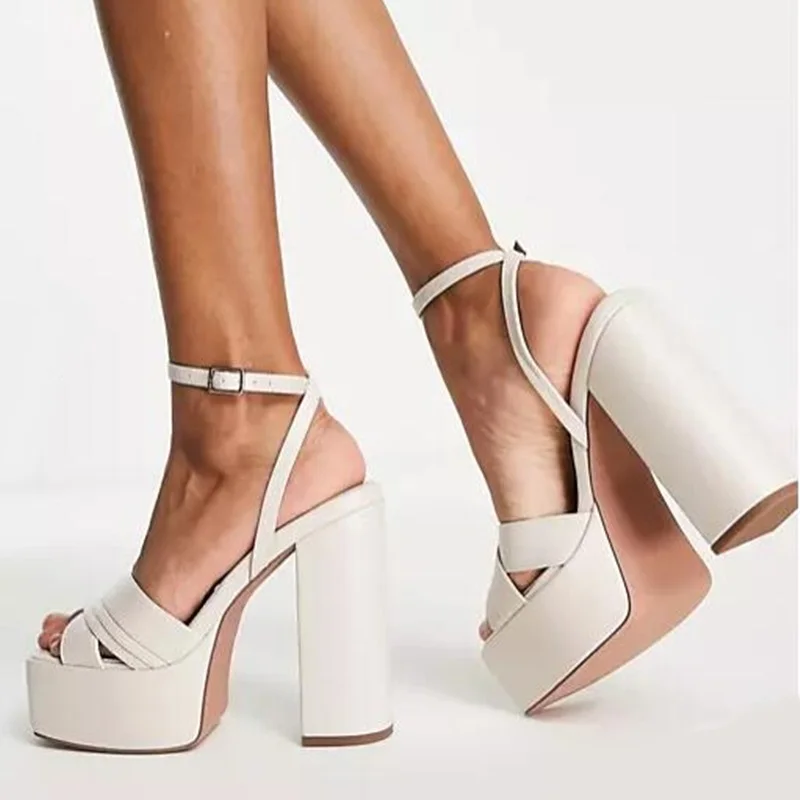 

White Matte Leather Chunky Heels Sandals Open Toe High Platform Heels Dress Shoes Cutouts Ankle Strap Sqaure Heels Party Shoes