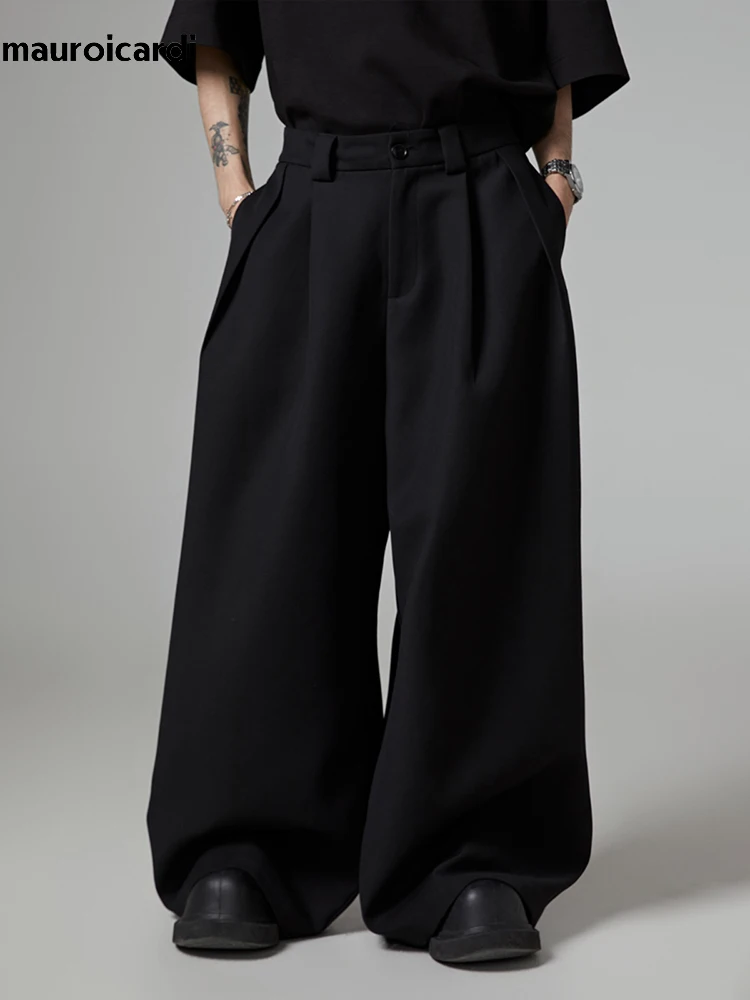 Mauroicardi Spring Autumn Oversized Long Black Flowy Baggy Wide Leg Pants for Mens Streetwear Loose Casual Soft Trousers 2024 2
