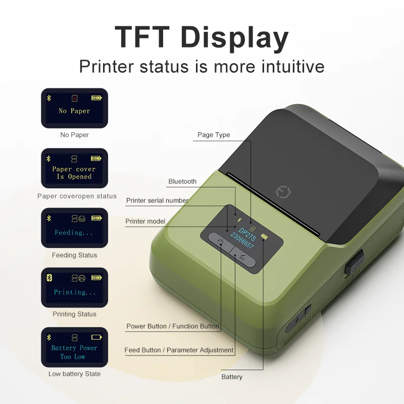 DETONGER 2inch TFT Display Mini Printer Wireless BT Connect Compatible / iOS Android for Home&Office Cable Sticker Printer,thermal label printer