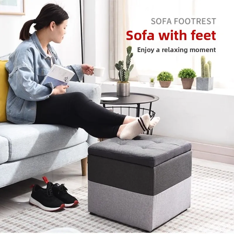 Minimalist Wooden Storage Ottoman with Fabric Seat