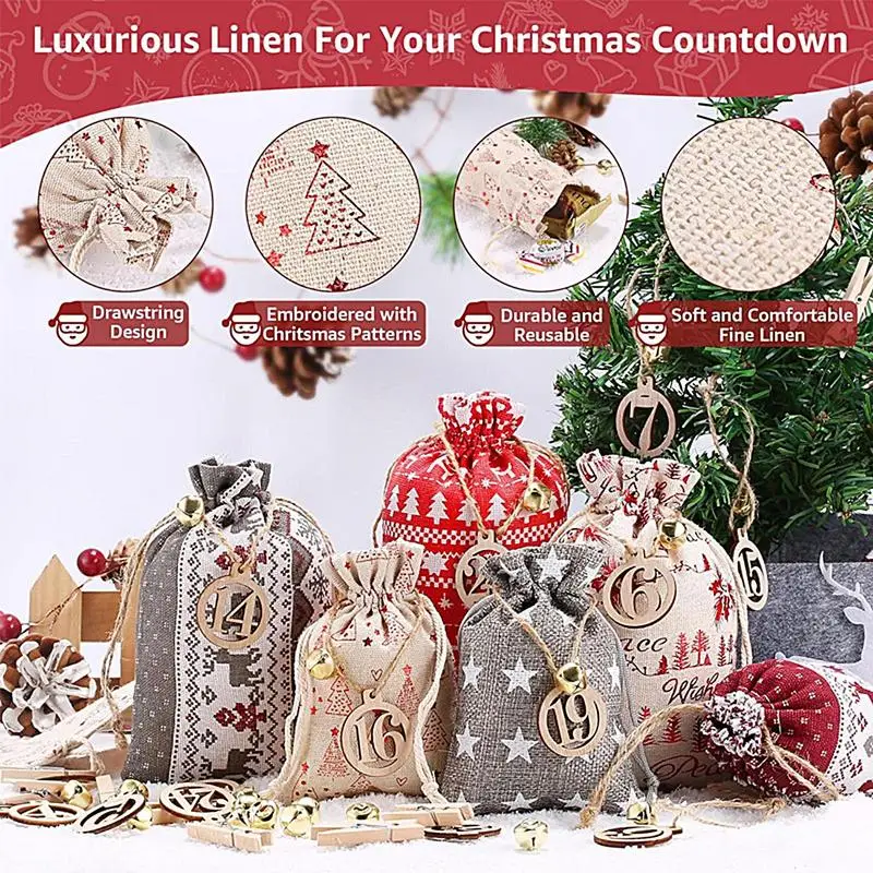 Christmas Advent Calendar Candy Bag 24 Days Countdown To Christmas Reusable Burlap Bags DIY Drawstring Gift Bags For Kids