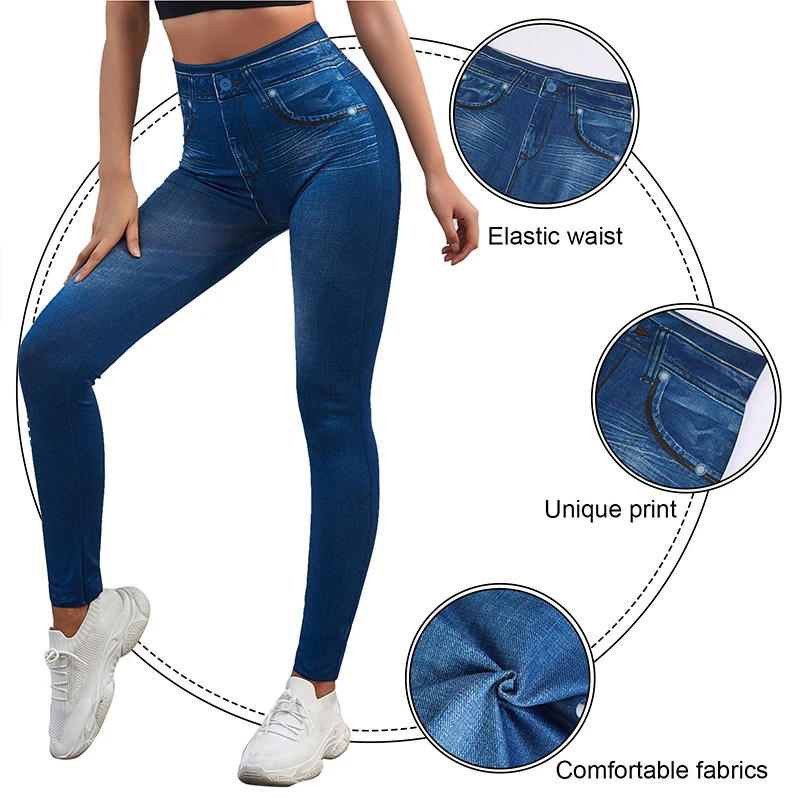 High Waist Women's Denim Print Fake Faux Jeans Leggings Pants 