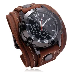 Men's Luxury Quartz Wristwatch with Wide Cowhide Leather Bracelet - Punk Style (Brown)