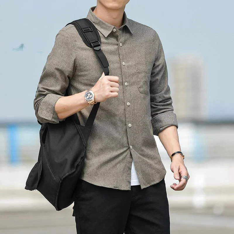 Spring Autumn Solid Color Fashion POLO Collar Shirt Man High Street Casual Long Sleeve Button Cardigan Pure Cotton All-match Top