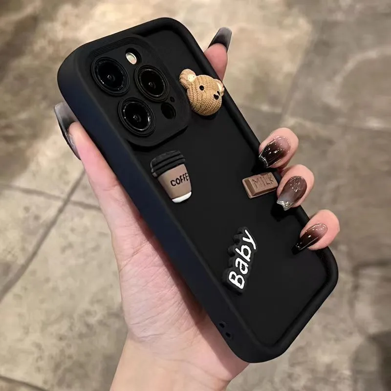 Charming 3D Bear Cartoon Coffee Phone Case – Soft Shockproof Cover