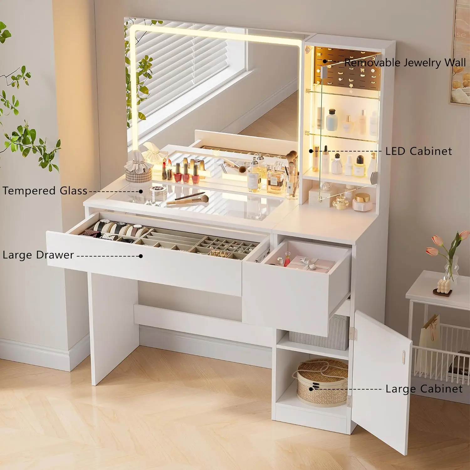 41" Vanity Desk with Power Outlet, Makeup Vanity with Mirror and Lights, 3 Lighting Modes, White Vanity Table with Glass Top