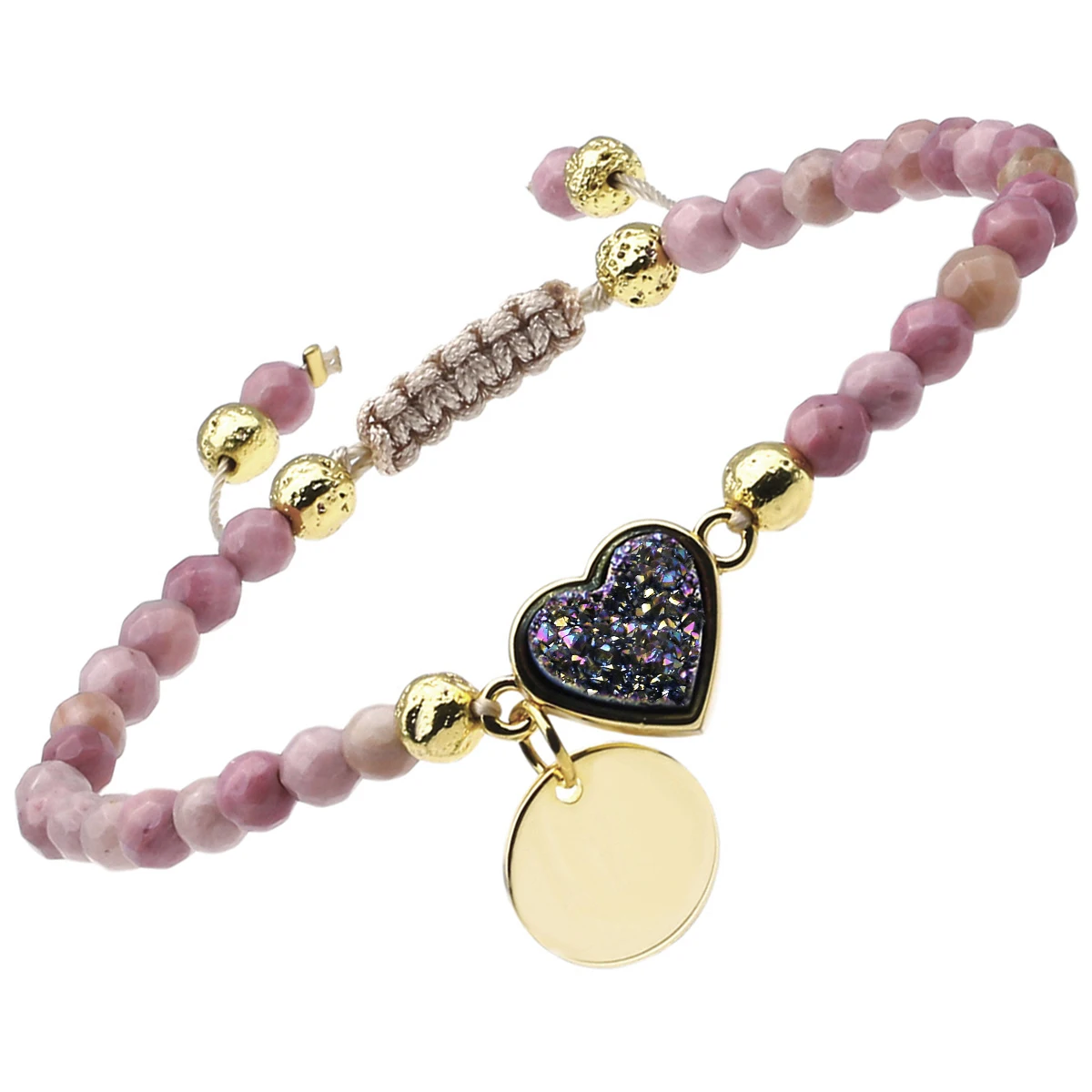 

Love Heart Shape Titanium Quartz Charms Bracelet Healing Crystal Faceted Stone Beads Adjustable Jewelry For Women