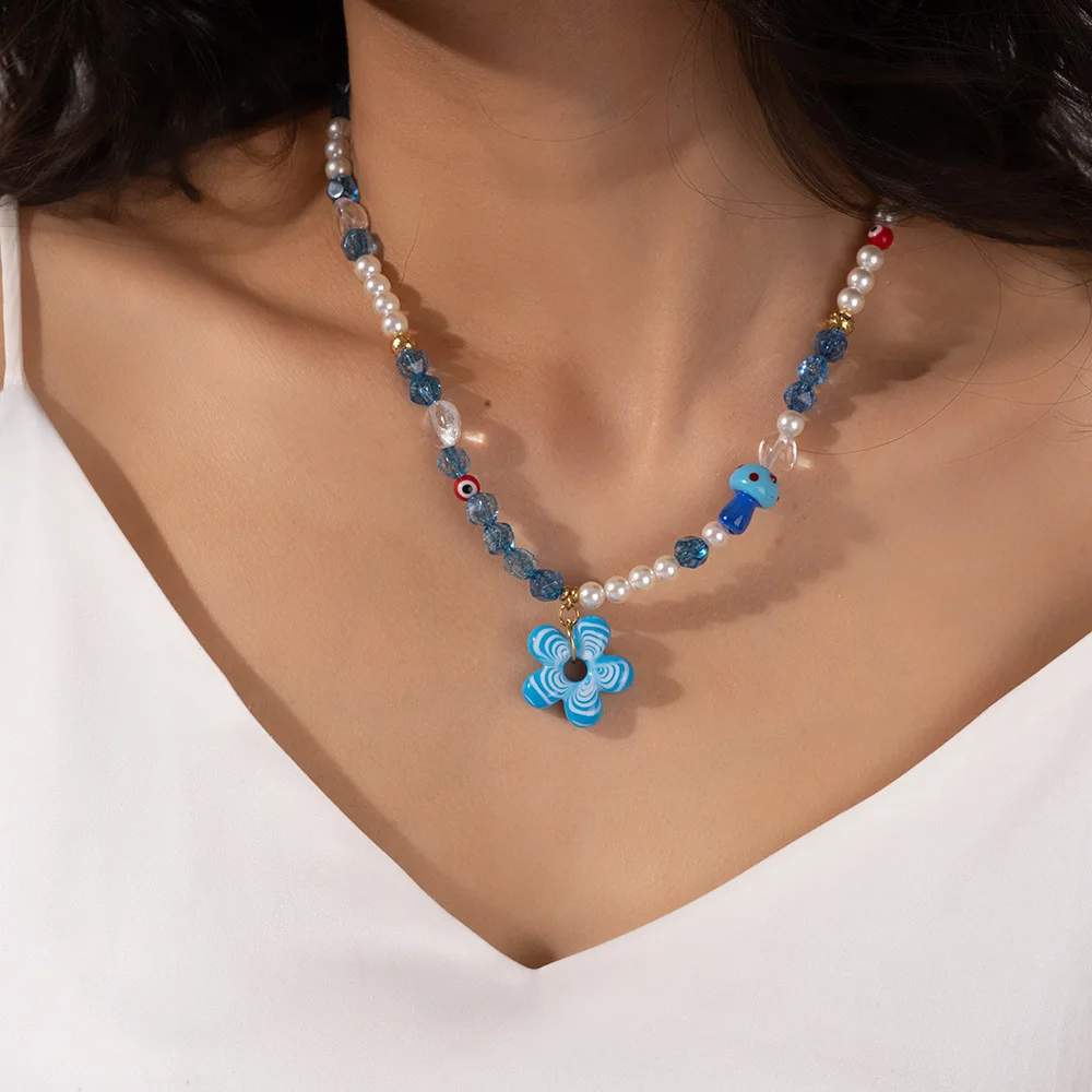Summer Multicolour Transparent Beads Short Necklace Resin Flower Pearl Handmade Beading Evil Eye Clavicle Choker Beach Jewelry