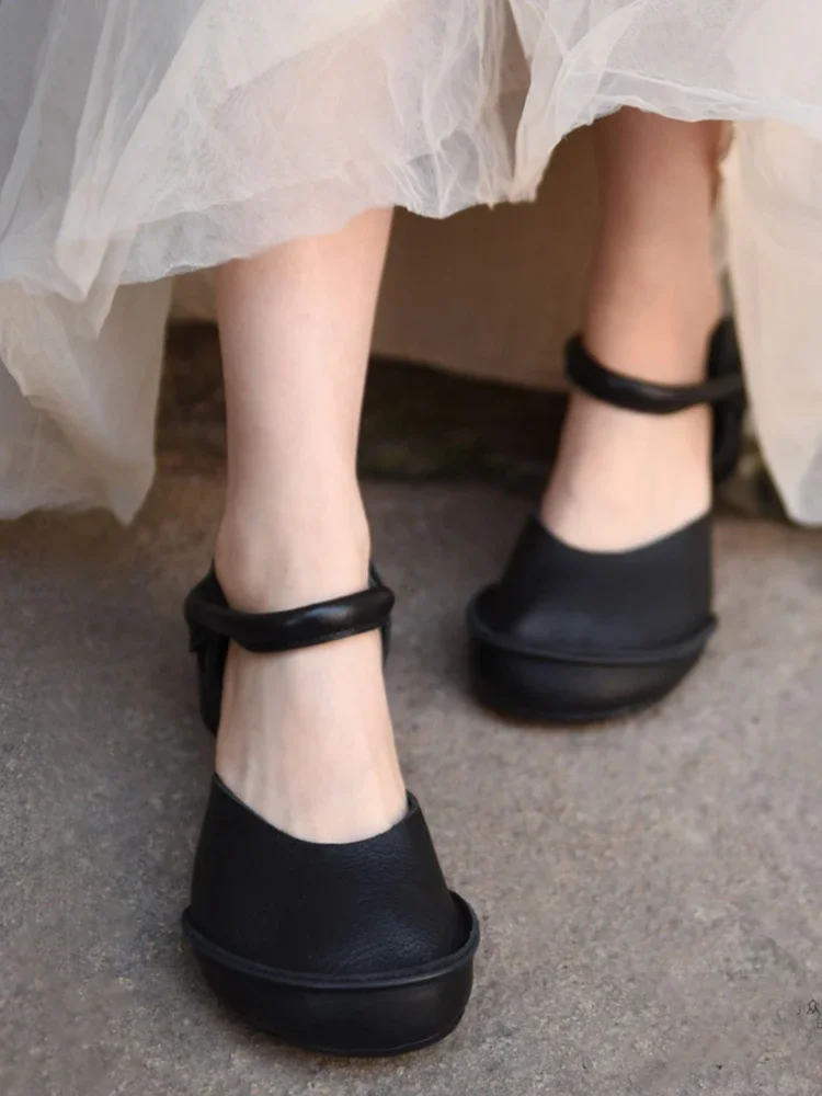 

Artmu Genuine Leather Thick Heel Closed Toe Sandals For Women Mary Jane Luxury Mid Heel Shoes Hook Loop Spring Ladies Sandals
