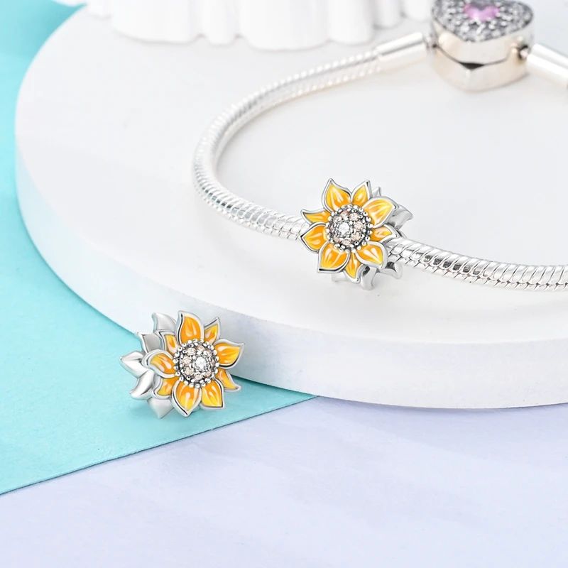 Original 925 Sterling Silver Charm Beads Clover Sunflower Tulip Carnation Pendant For Women Jewelry Fashion Gift 3