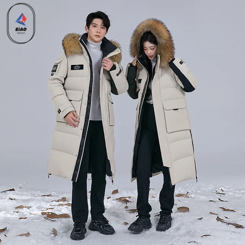 EIAO Fashion Long Goose Down Jacket Men Women Winter 2025 High-end Quality Warm Big Fur Collar Hooded Down Coat Ski Puffer Parka