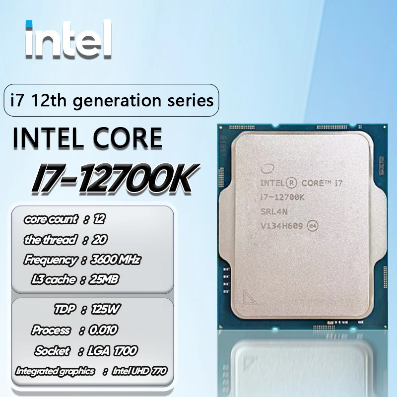 Processeur Intel Core i7-12700K, 12700K, 3.6 GHz, 12 cœurs, 20 threads,  10nm, L3 25 mo, 125W, LGA 1700