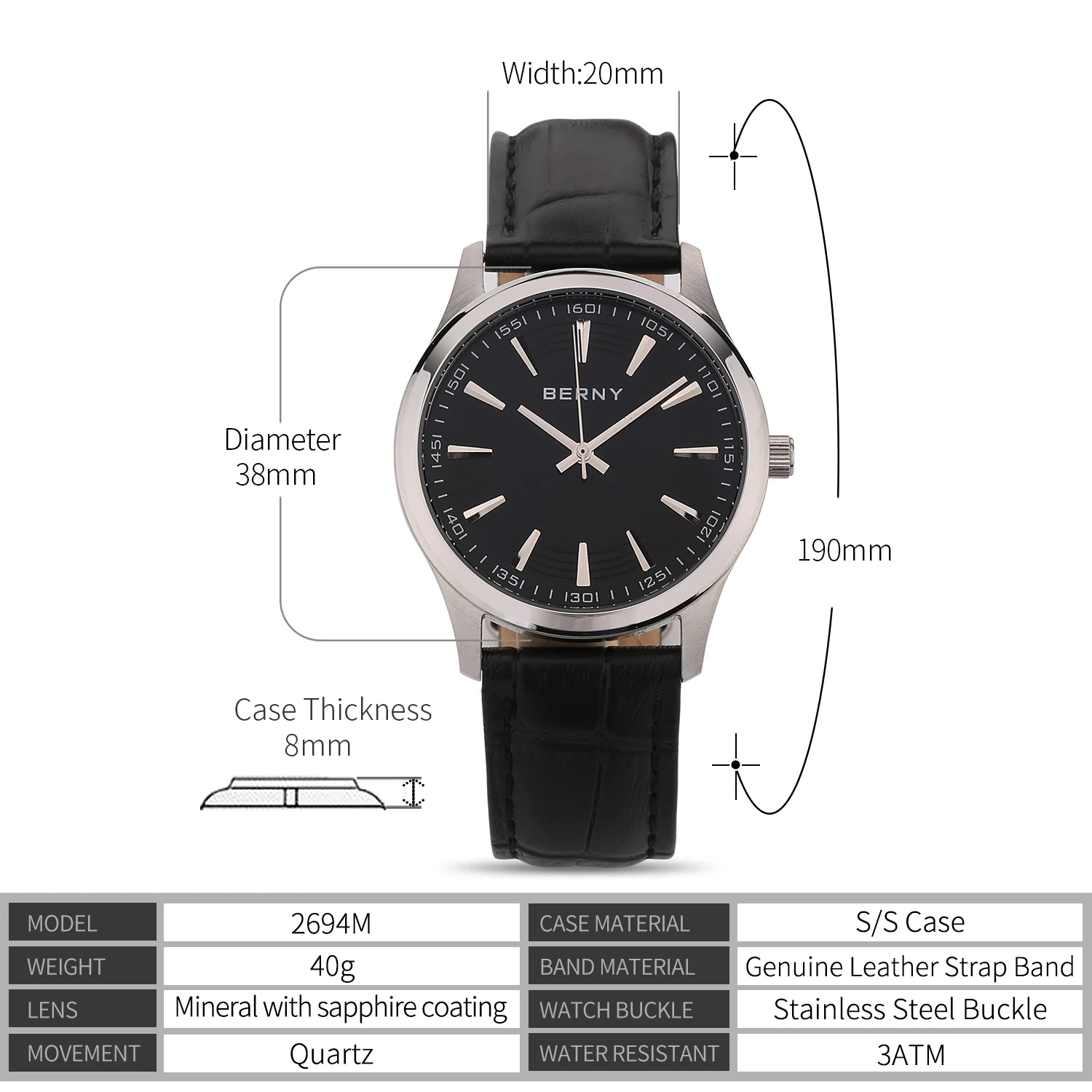 BERNY Uhren für Herren, klassische Herrenuhr, leicht, schlicht, lässig, Business-Armbanduhr, wasserdicht – Detail 9