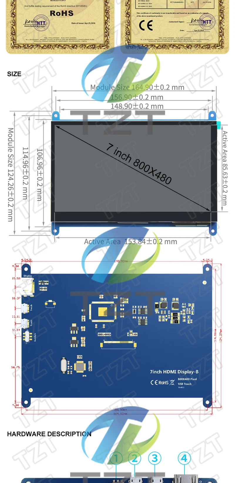 7-Zoll-TFT-Display, HDMI-kompatibler Touchscreen, 800 x 480 Auflösung, kapazitive Touchscreen-Unterstützungssysteme für Raspberry Pi – Detail 4