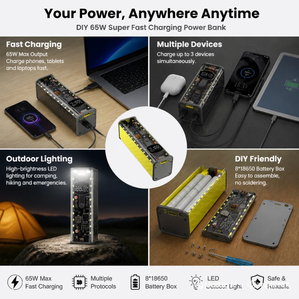 Modulo Power Bank PD 65W/45W/20W per Ricarica Super Veloce con Cavo di Ricarica Integrato, Scatola Batteria Fai-da-te per Pacco da 8 Celle - Image 2