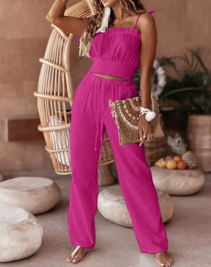 Women's Summer Sexy 2024 New Solid Casual Fashion Set Temperament Frill Hem Shirred Cami Top Drawstring Pants Set