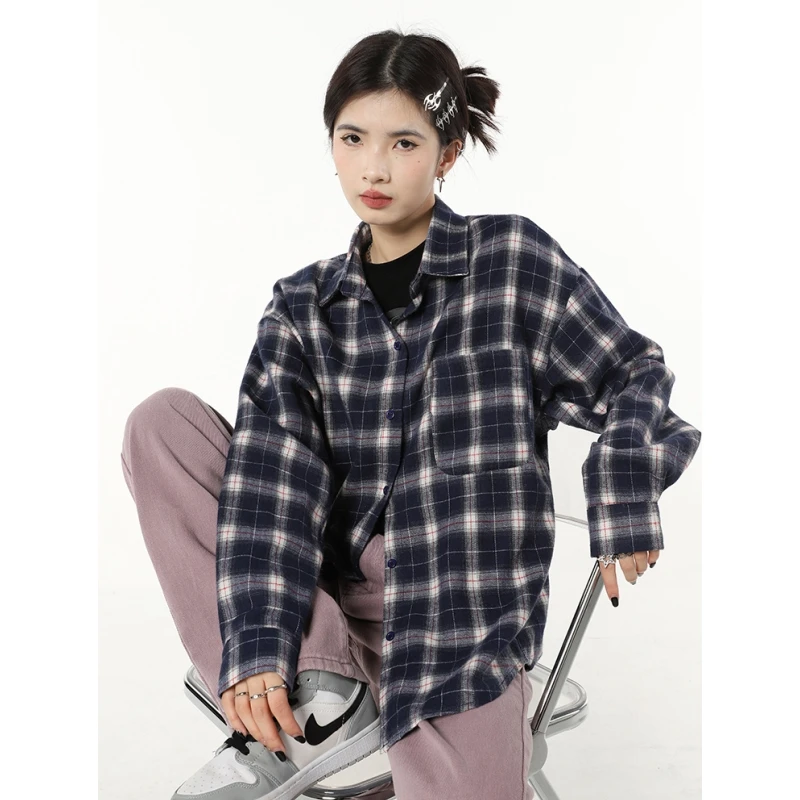 

Women's Clothes Navy Blue Shirt Lattice American Fashion Leisure Vintage Loose Autumn New Single Breasting Long Sleeve Tops